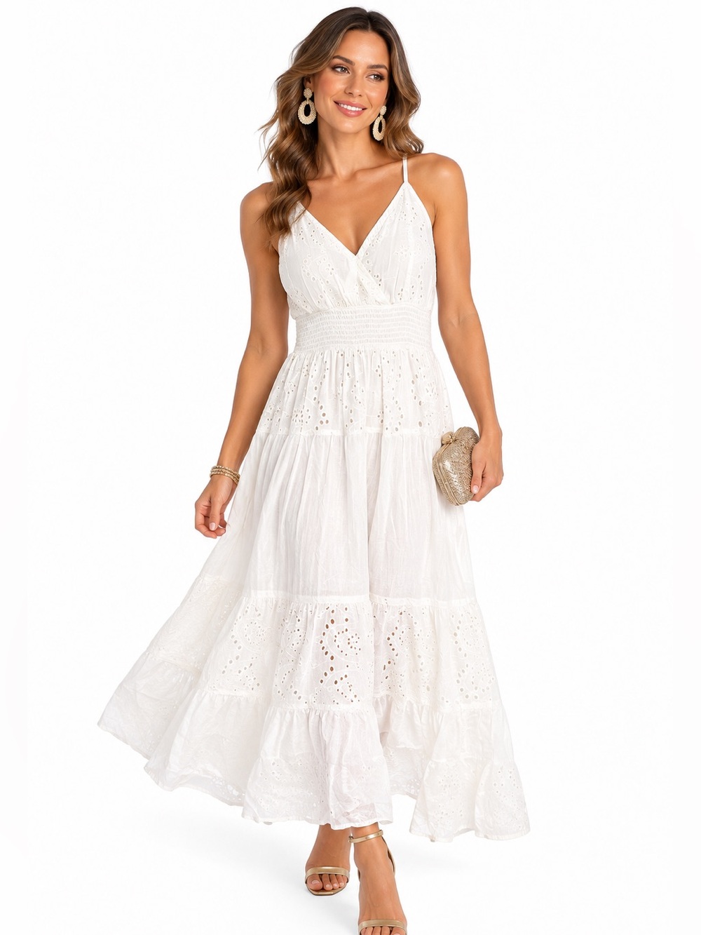 White Eyelet Smocked Waist Tiered Midi Sundress M Spaghetti Strap Bridal Resort